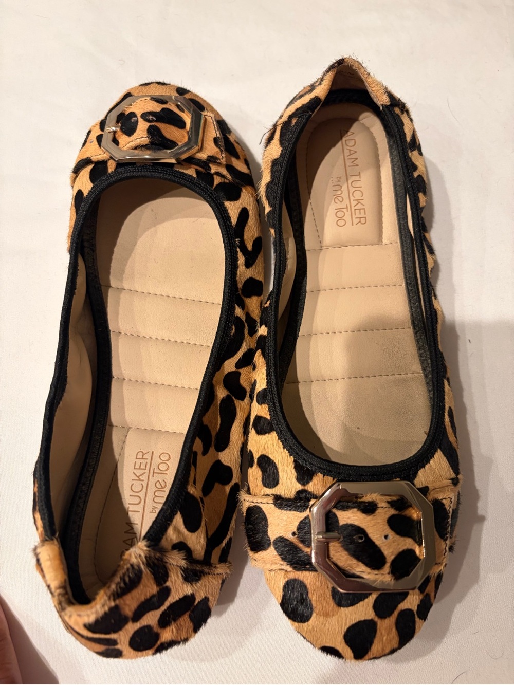 Adam Tucker Leopard-Print Ballet Flats in Tan and Black with Buckle